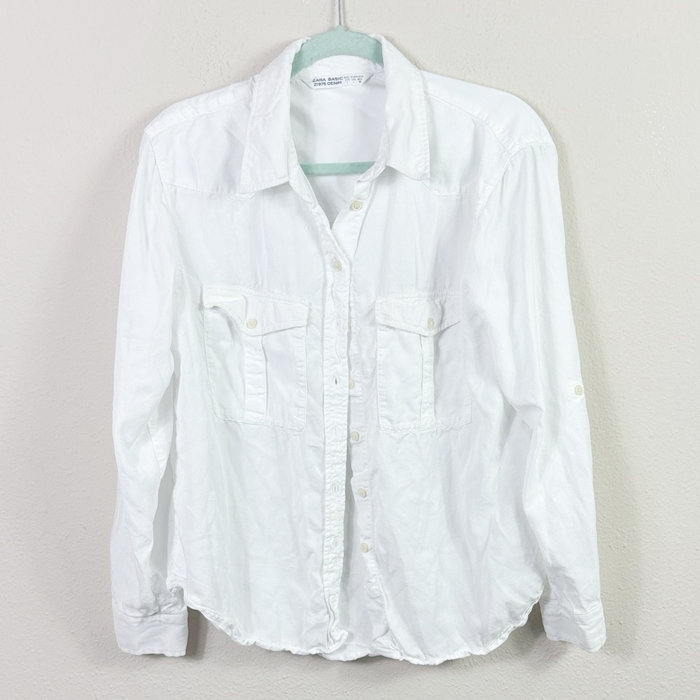 Zara Basic Denim White Button Down Shirt with pockets Roll Up sleeves size large